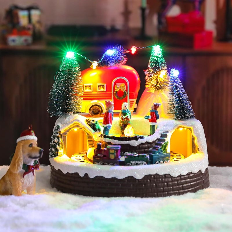 CHONSUN Christmas Village House Musical Christmas Collectible Buildings Camper Bonfire Train Rotation with LED Lights Vacation Village with USB Indoor Figurines Indoor Tabletop Decoration Xmas Decor - Image 2